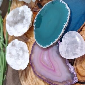 #AFK Green, Pink and, Clear Agate Geodes and A Quartz Heart.
